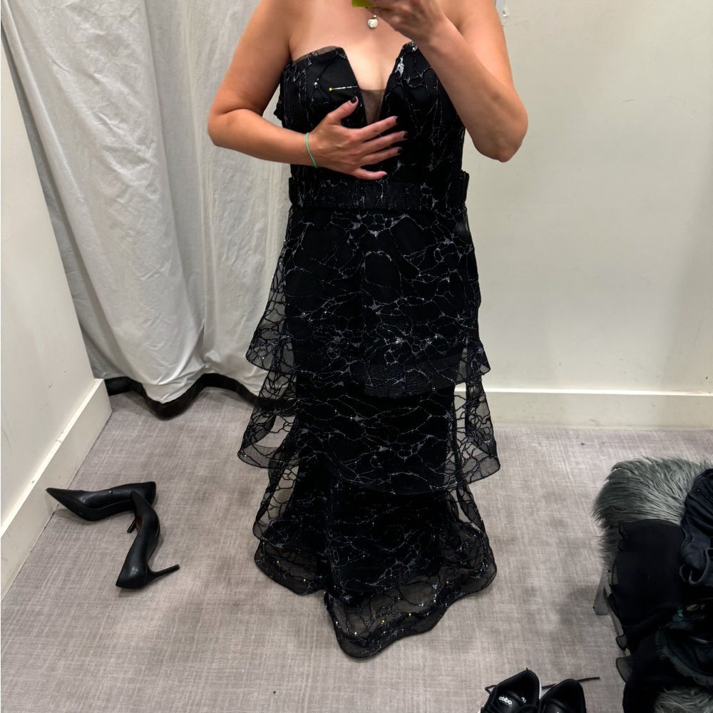 Black and Silver Embellished Strapless Tiered Gown